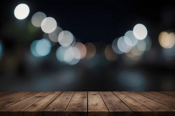 Rustic wooden table surface with blurred lights against a dark background providing depth