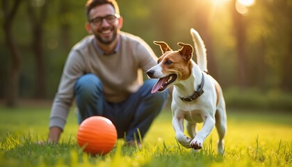 Man plays fetch with dog in park at sunset. Happy dog runs toward orange ball on green grass. Man smiles, enjoys pet interaction outdoors. Pets and people leisure time.