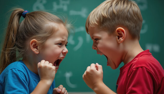 Two young children intensely argue yelling at each other. They show strong emotions like anger and frustration in classroom setting. Siblings quarrel loudly in dispute, exhibiting aggressive behavior.