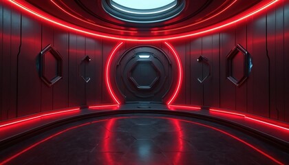 Dark futuristic room with red neon lights and metallic walls. Central hexagon shape with round frame. Shiny floor reflects the bright red lighting.