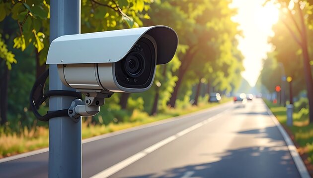 Security camera overlooking a scenic road with lush trees and sunlight backdrop