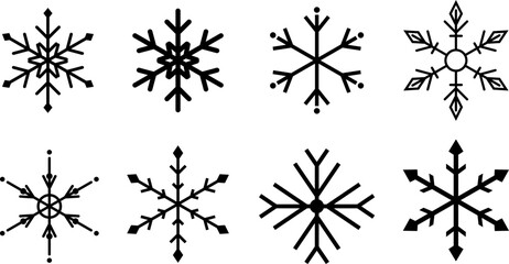 snowflake icon set. silhouette vector illustration. Set of 8 black snowflake icons. Unique winter decoration vector silhouettes.