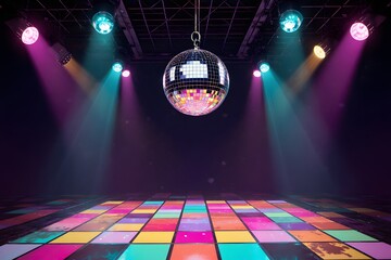 Shiny disco ball hanging above a colorful dance floor