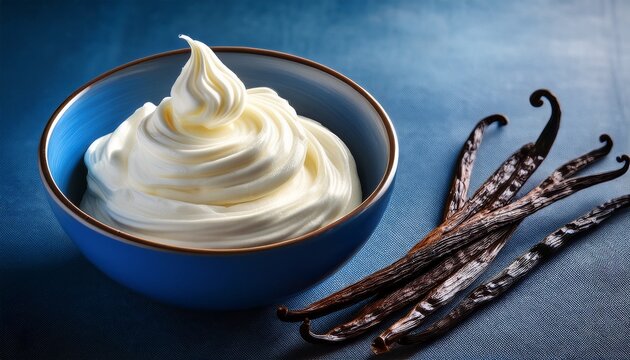 creamy whipped cream in a blue bowl beside vanilla beans