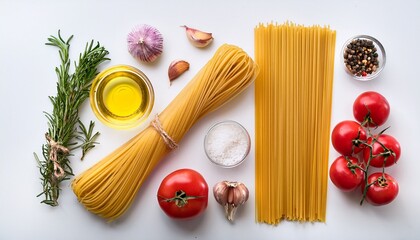 flat lay of italian cooking ingredients fresh tomatoes rosemary spaghetti garlic olive oil and various spices are arranged on a white background