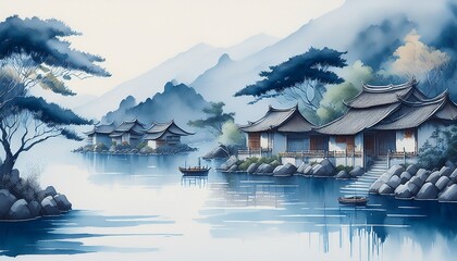 a serene blue tinted watercolor depicts a quaint village by a lake surrounded by misty trees the image captures tranquility history and timeless asian charm