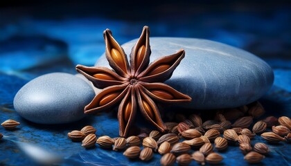 intricate star shaped anise pods and scattered seeds rest on smooth stones bathed in moody blue light the image captures exotic spice texture and a sense of culinary artistry