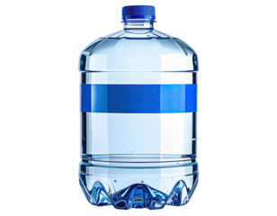 Clear water bottle, filled with liquid, blue cap and band around the center, isolated on black