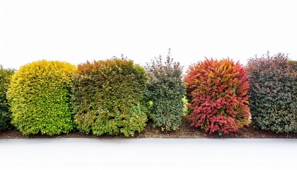 colorful variety of bushes and shrubs in a horizontal row against a white background