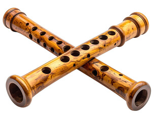 Cross-laid pair of wooden wind instruments, featuring intricate hole patterns and flared ends