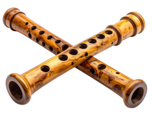 Cross-laid pair of wooden wind instruments, featuring intricate hole patterns and flared ends