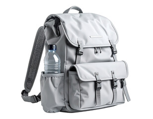 A stylish gray backpack with multiple compartments and a water bottle nestled in the side pocket