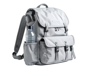 A stylish gray backpack with multiple compartments and a water bottle nestled in the side pocket