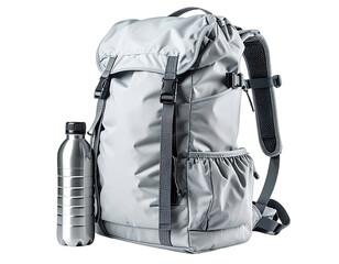 Gray backpack and water bottle set against a black backdrop, well-lit and isolated