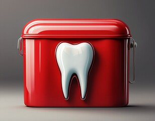 red dental container with white tooth graphic