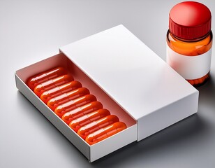 white box with orange pills and a red labeled bottle