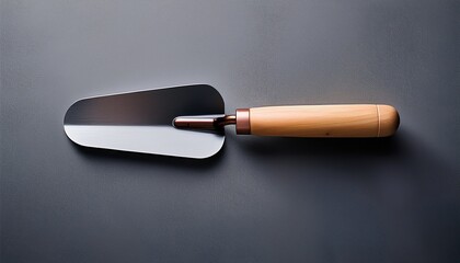 overhead view of a small dark gray metal trowel with a light brown wooden handle
