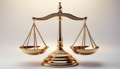 polished golden scales of justice perfectly balanced on a white background