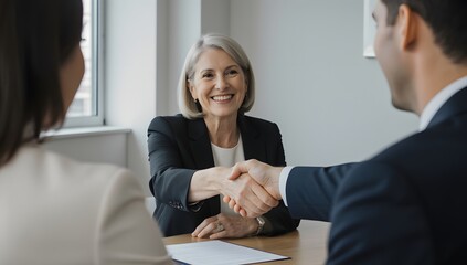 Mature woman shaking hands with a man at a business meeting to finalize a deal