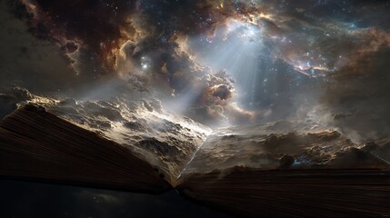 a monumental tome resting on a comet, pages depicting star birth and galaxy formation, divine radiance, detailed cosmic textures, cinematic lighting, 