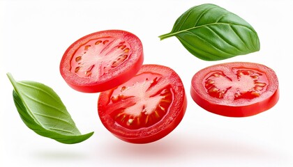 sliced tomatoes and basil leaves in motion against a white background