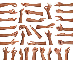 Hand gestures. African-american man showing arm on white background, closeup