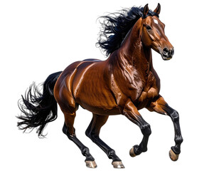 Obraz premium A majestic, chestnut-colored equine in full gallop against a stark black backdrop