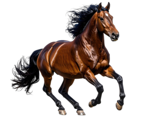 A majestic, chestnut-colored equine in full gallop against a stark black backdrop