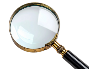 A close-up image of a magnifying glass, showing its details against a black backdrop