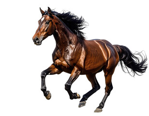 Obraz premium A magnificent bay equine gallops across a stark black void. Muscles flex, mane flows, and white blaze present