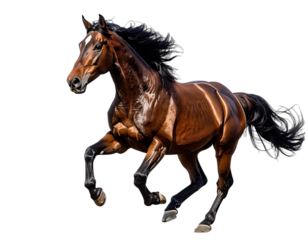 A magnificent bay equine gallops across a stark black void. Muscles flex, mane flows, and white blaze present