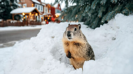 Obraz premium Groundhog emerging from its snowy burrow on Groundhog Day in a winter town with houses decorated for holidays, forecasting early spring or extended cold weather