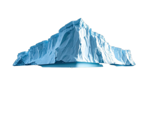 Large, jagged, blue-white iceberg floating against a black, blank background, with shadows