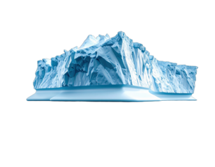 Large, blue-tinged iceberg, jagged peaks, a horizontal cut base, isolated on black