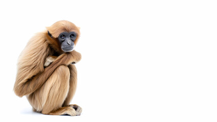 A thoughtful lar gibbon isolated on white background is sitting and hugging its knees, looking down with a sad expression on its face