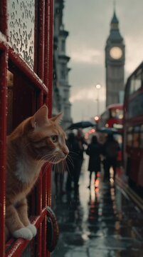 Cinematic close up of ginger cat peeking out from red telephone booth in rainy London. Big Ben and double decker bus in background. Urban pet travel concept. Vertical video.