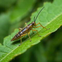 A cricket resting on a green leaf.