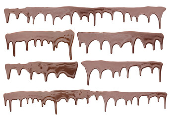 Melted chocolate dripping on white background, set
