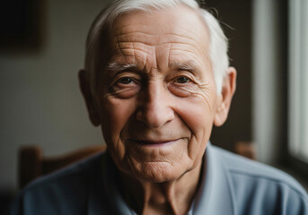 Elderly gentleman with kind eyes smiles warmly, conveying wisdom and a lifetime of experiences in a gentle portrait