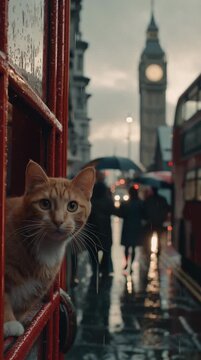 Cinematic close up of ginger cat peeking out from red telephone booth in rainy London. Big Ben and double decker bus in background. Urban pet travel concept. Vertical video.
