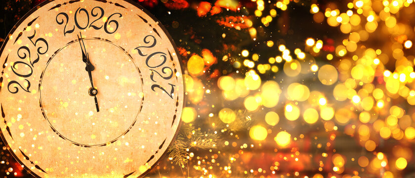Happy New Year. Clock with numbers 2025, 2026, 2027 and bokeh lights - Powered by Adobe