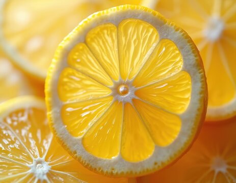 Macro view of bright yellow citrus fruit slices with white pith. Juicy segments form radial pattern. Background shows more blurred fruit halves. Freshness and acidity.