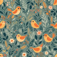 Obraz premium Whimsical birds, botanical elements create charming surface pattern. Joyful illustration features small yellow birds amidst leaves, flowers in natural, repeating design. Enchanting aesthetic suits