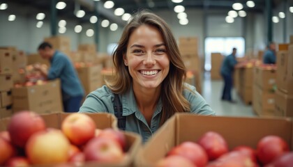 Smiling young woman in food donation center. Volunteers pack boxes with fruit. People help needy community members with food supplies for hunger relief.