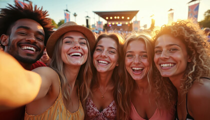 Fototapeta premium Friends take selfie at summer music concert festival. People smile, laugh and enjoy live show in crowd. Vibrant outdoor celebration, happy youth bonding, making memories together.