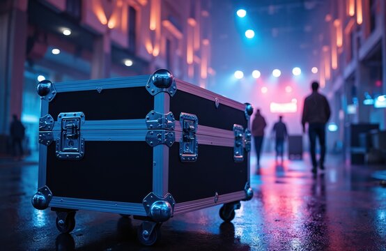 Heavy duty flight case sits on wet floor, people walk past in background. Stage lights glow in arena, preparing for live performance. Concert gear transport after show.