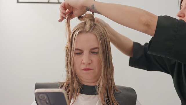Salon braid session, Stylist weaves precise cornrows carefully, Closeup of scalp with detailed braid work, Client receives expertly crafted microbraids in professional studio environment