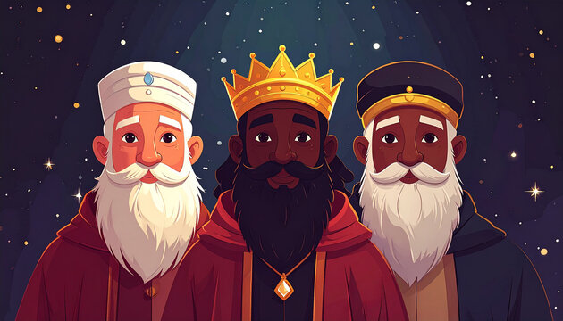 Ilustraci&oacute;n gr&aacute;fica de los Tres Reyes Magos Melchor Gaspar y Baltasar con ofrendas para el ni&ntilde;o Jes&uacute;s, bajo cielo con estrellas, escena tradicional de la noche de reyes y la Navidad