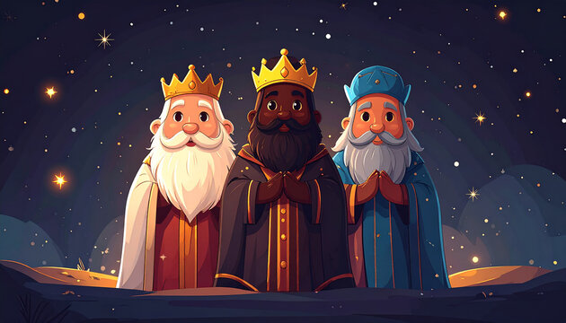 Ilustraci&oacute;n gr&aacute;fica de los Tres Reyes Magos Melchor Gaspar y Baltasar con ofrendas para el ni&ntilde;o Jes&uacute;s, bajo cielo con estrellas, escena tradicional de la noche de reyes y la Navidad