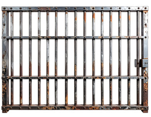 Close-up of an old, rusty metal jail cell door with vertical bars and a locking mechanism